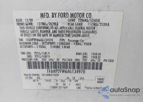 2010 Ford Taurus Limited z USA, uszkodzony, nr VIN 1FAHP2FW6AG134970